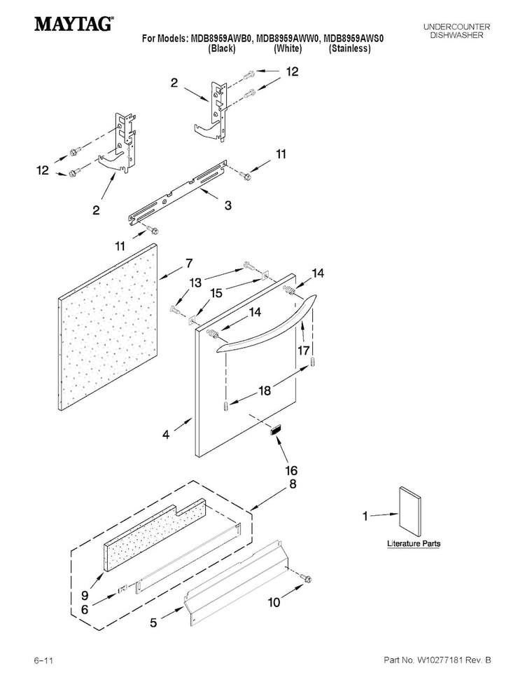 Door And Panel Parts Diagram and Parts List for MDB8959AWW0  Maytag Dishwasher
