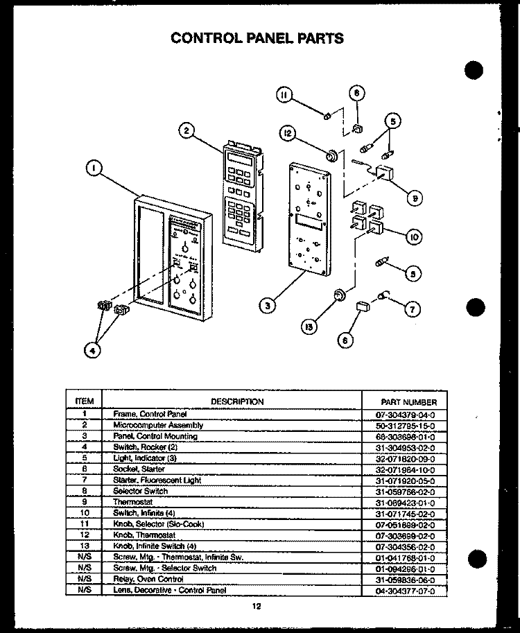CONTROL PANEL PARTS Diagram and Parts List for EKT-396  Caloric Microwave Oven Combo