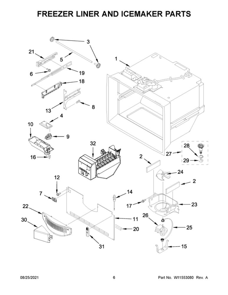 Freezer Liner And Icemaker Parts Diagram and Parts List for JFFCF72DKL04  Maytag Refrigerator