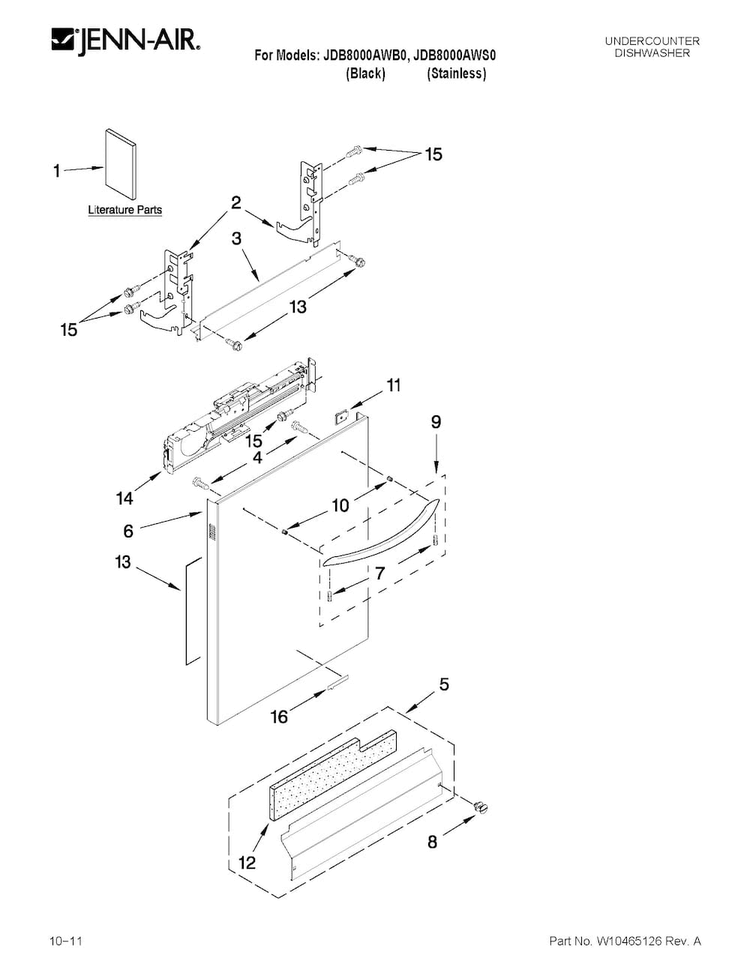 Door And Panel Parts Diagram and Parts List for JDB8000AWB0  Jenn-Air Dishwasher