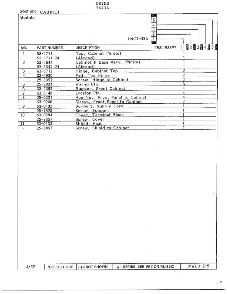 Cabinet Page 2 Diagram and Parts List for 7443A  Norge Dryer