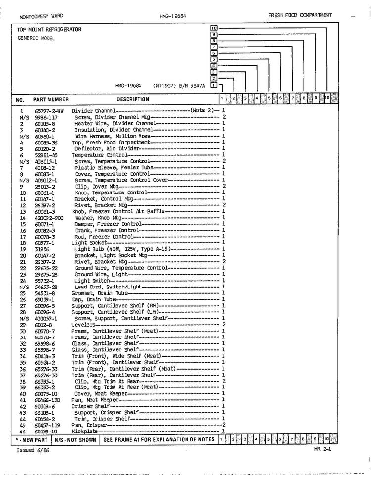 Fresh Food Compartment Assembly Page 2 Diagram and Parts List for 19684  Admiral Refrigerator