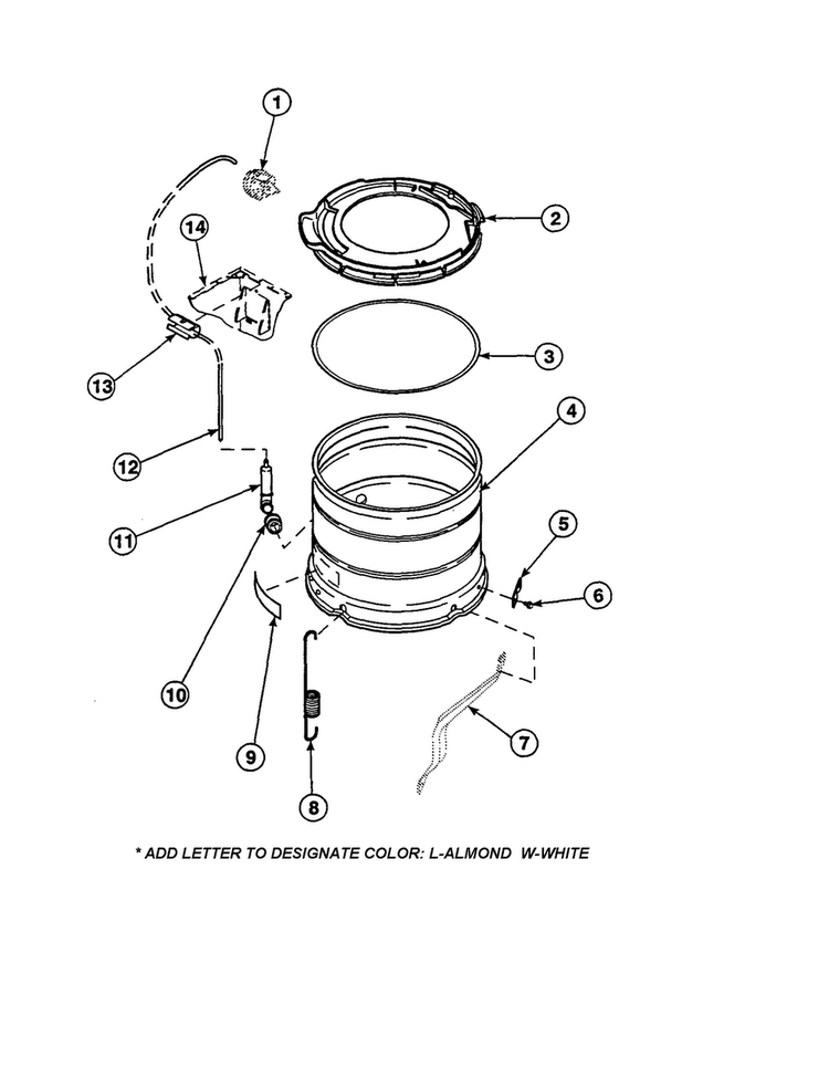 Outer Tub, Cover/pressure Hose Diagram and Parts List for LW2001W2-PLW2001W2A  Amana Washer