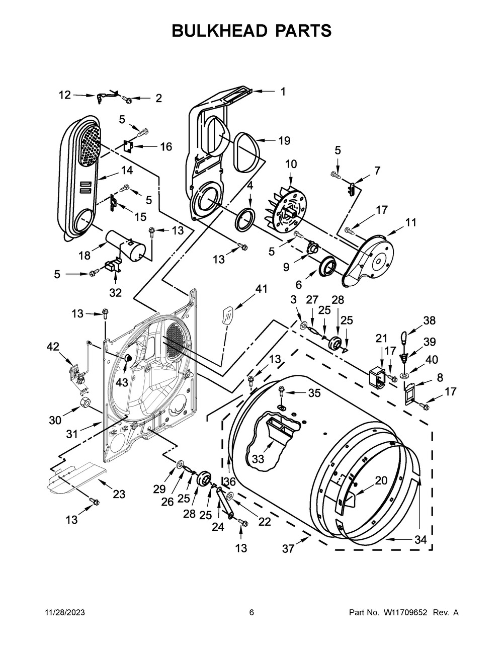 Bulkhead Parts Diagram and Parts List for MGD5430PBK0  Maytag Dryer