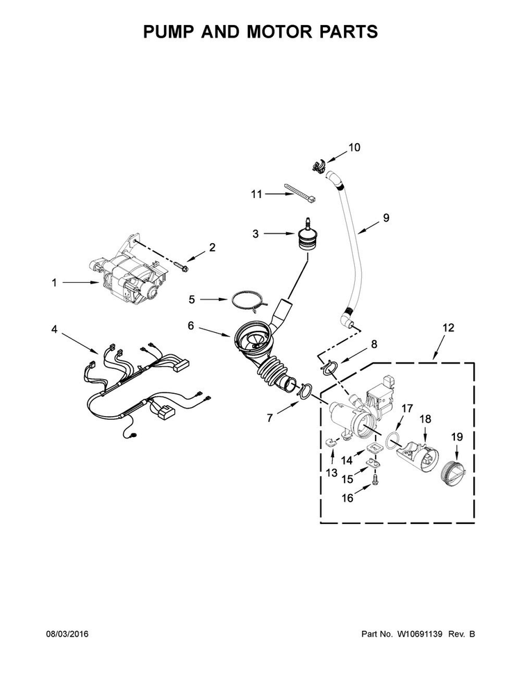 Pump And Motor Parts Diagram and Parts List for MHN33PDCGW0  Maytag Washer