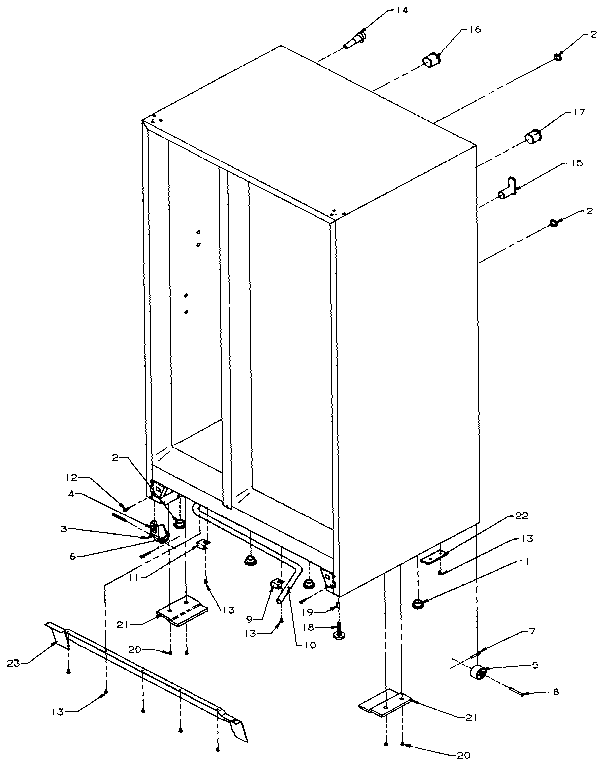 Drain, Rollers, And Cabinet Back Diagram and Parts List for SX25N-P1162704W  Amana Refrigerator