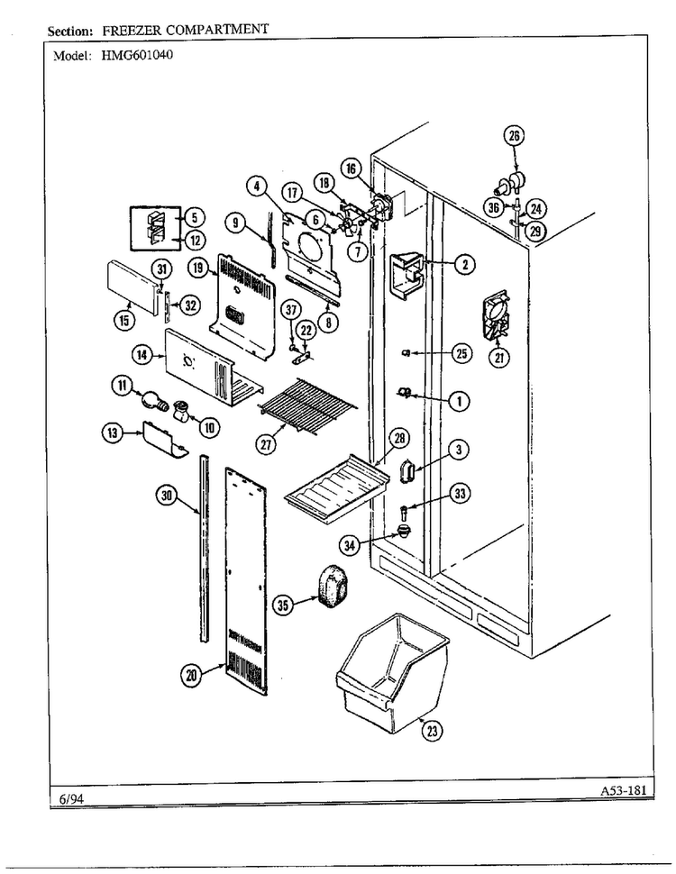 Freezer Compartment Diagram and Parts List for 301040  Admiral Refrigerator