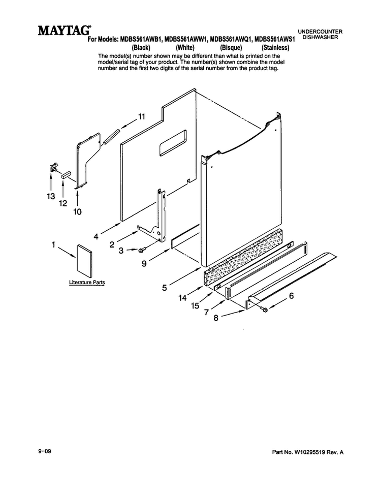 Door And Panel Diagram and Parts List for MDBS561AWB1  Maytag Dishwasher