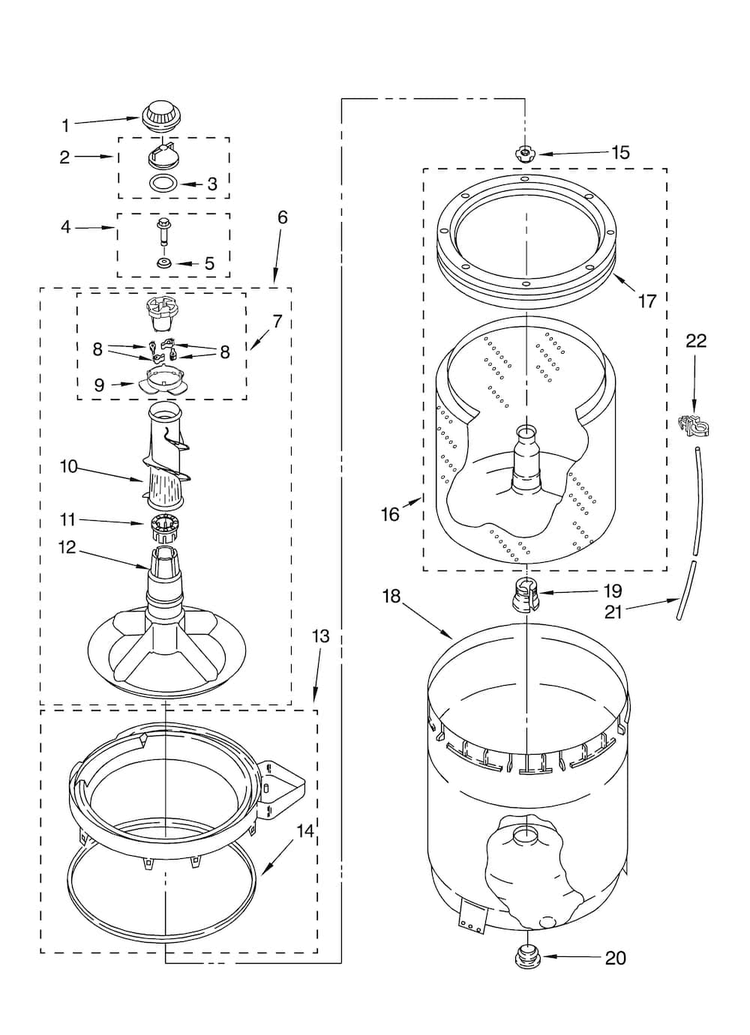 Agitator, Basket And Tub Parts Diagram and Parts List for NTW4500VQ1  Amana Washer