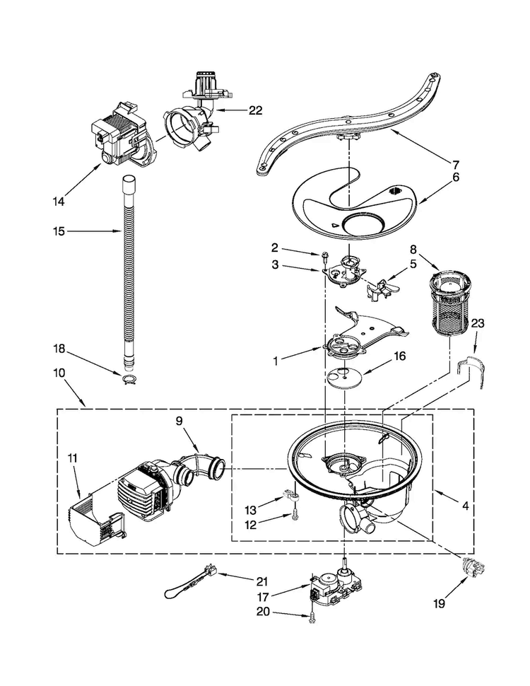 Pump, Washarm And Motor Parts Diagram and Parts List for JDB3600AWS0  Jenn-Air Dishwasher