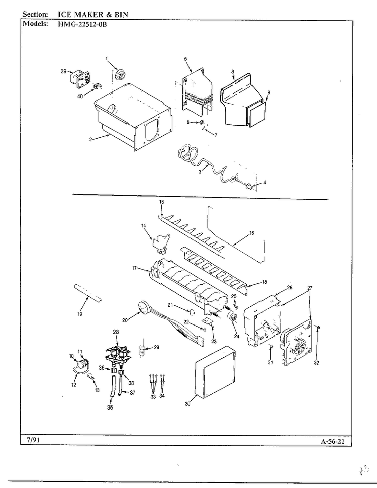 Ice Maker And Bin Diagram and Parts List for 22512-0B  Admiral Refrigerator