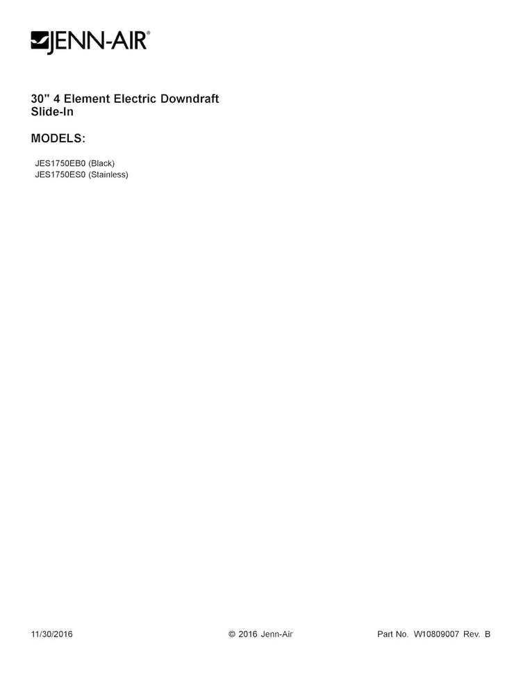 Cover Sheet Diagram and Parts List for JES1750EB0  Jenn-Air Range