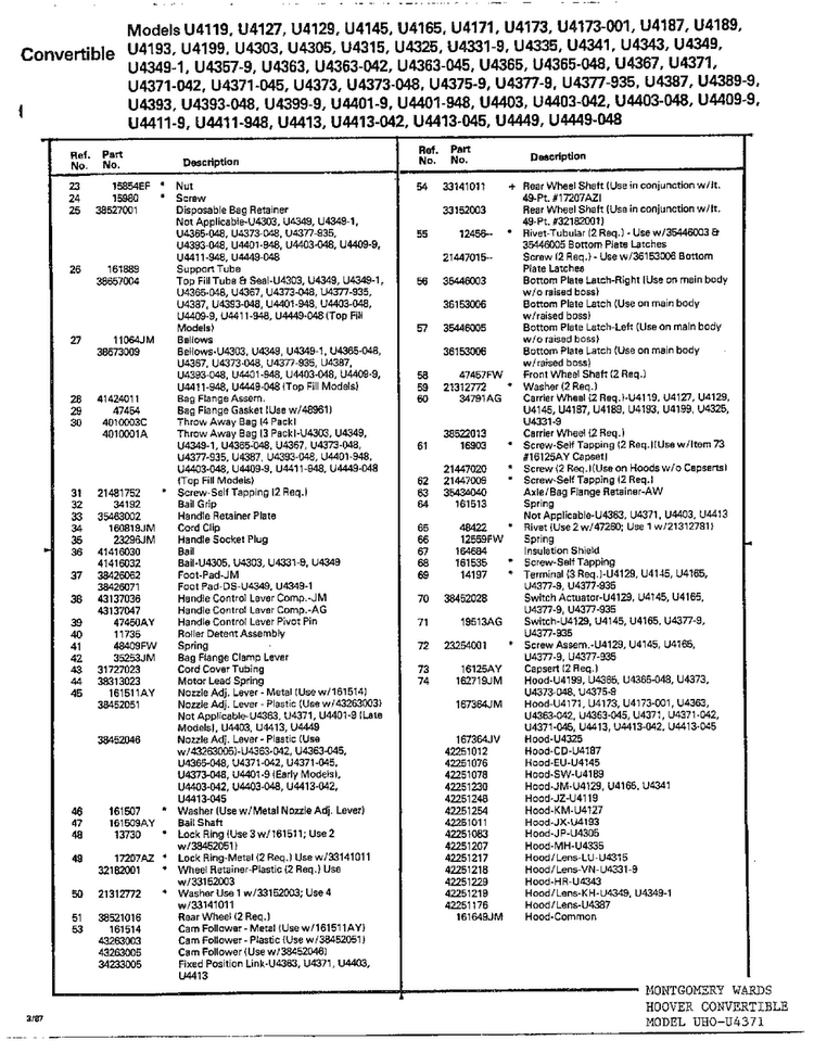Hoover Convertible Vacuum Assembly Page 3 Diagram and Parts List for U4371  Hoover Upright Vacuum
