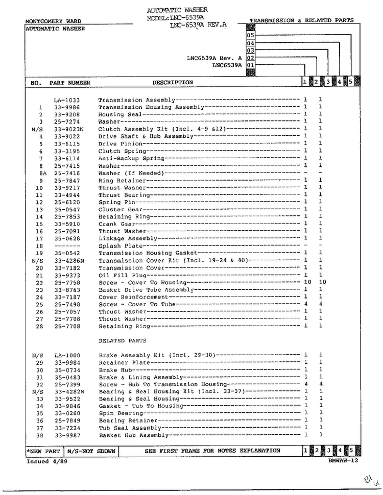 Automatic Washer-transmission Page 2 Diagram and Parts List for 6539A REV A Norge Washer