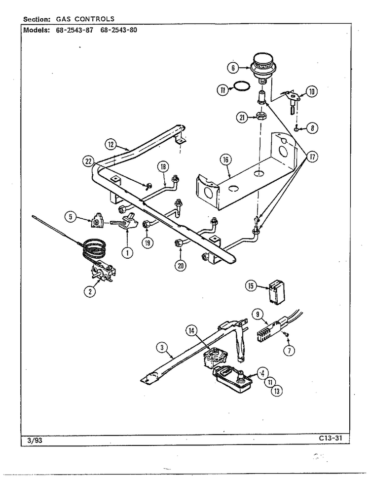 Gas Controls Diagram and Parts List for 2543  Magic Chef Range