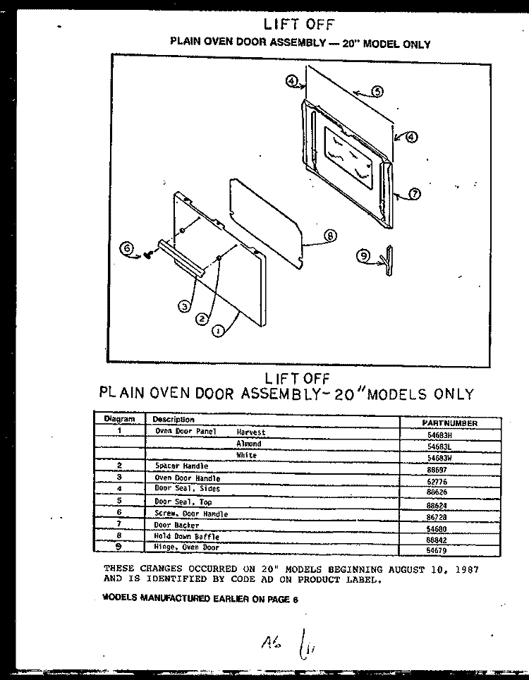 PLAIN OVEN DOOR ASSY - 20`` MODELS ONLY Diagram and Parts List for EHS112  Caloric Range