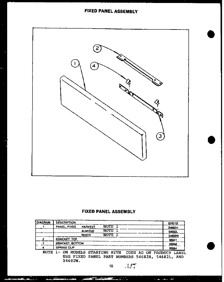 FIXED PANEL ASSY Diagram and Parts List for EHS112  Caloric Range