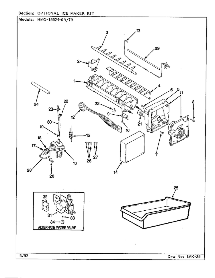Optional Ice Maker Kit Diagram and Parts List for 19924-0A  Admiral Refrigerator
