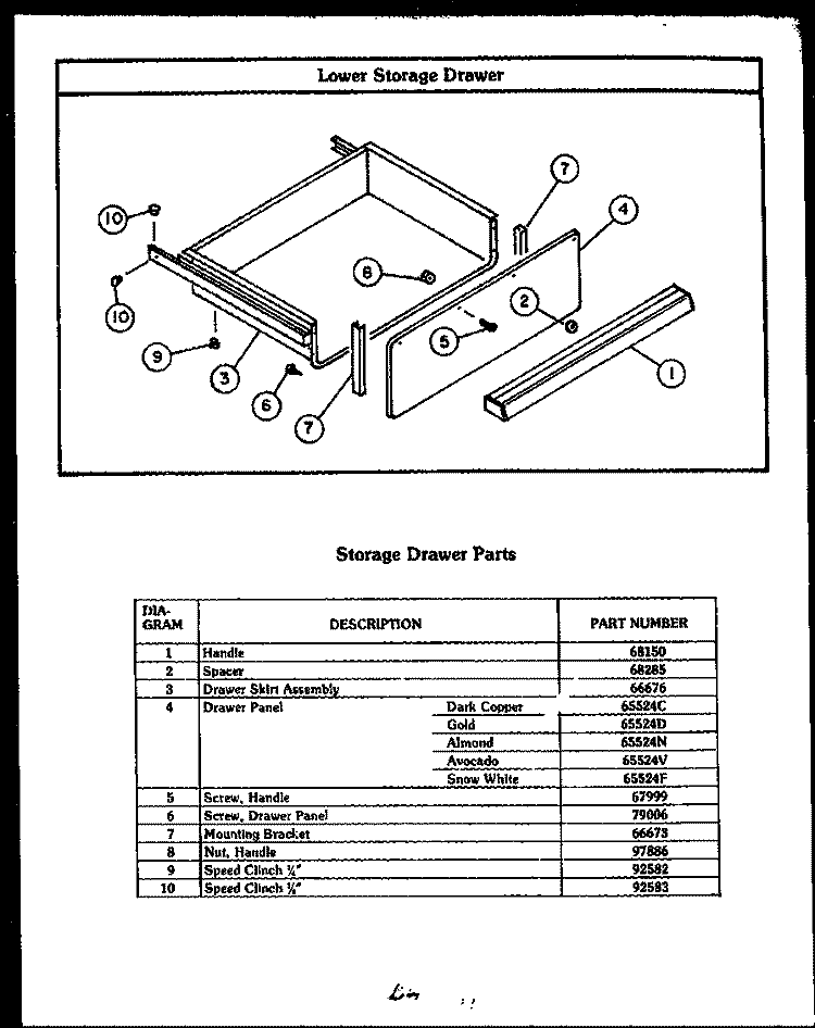 LOWER STORAGE DRAWER Diagram and Parts List for EKS395  Caloric Microwave Oven Combo