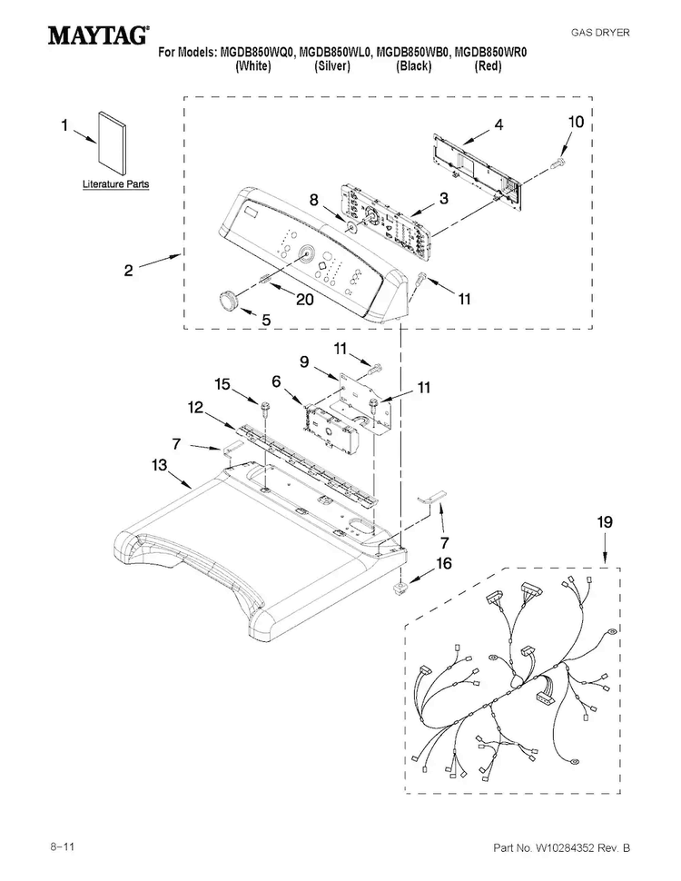 Top And Console Parts Diagram and Parts List for MGDB850WL0  Maytag Dryer