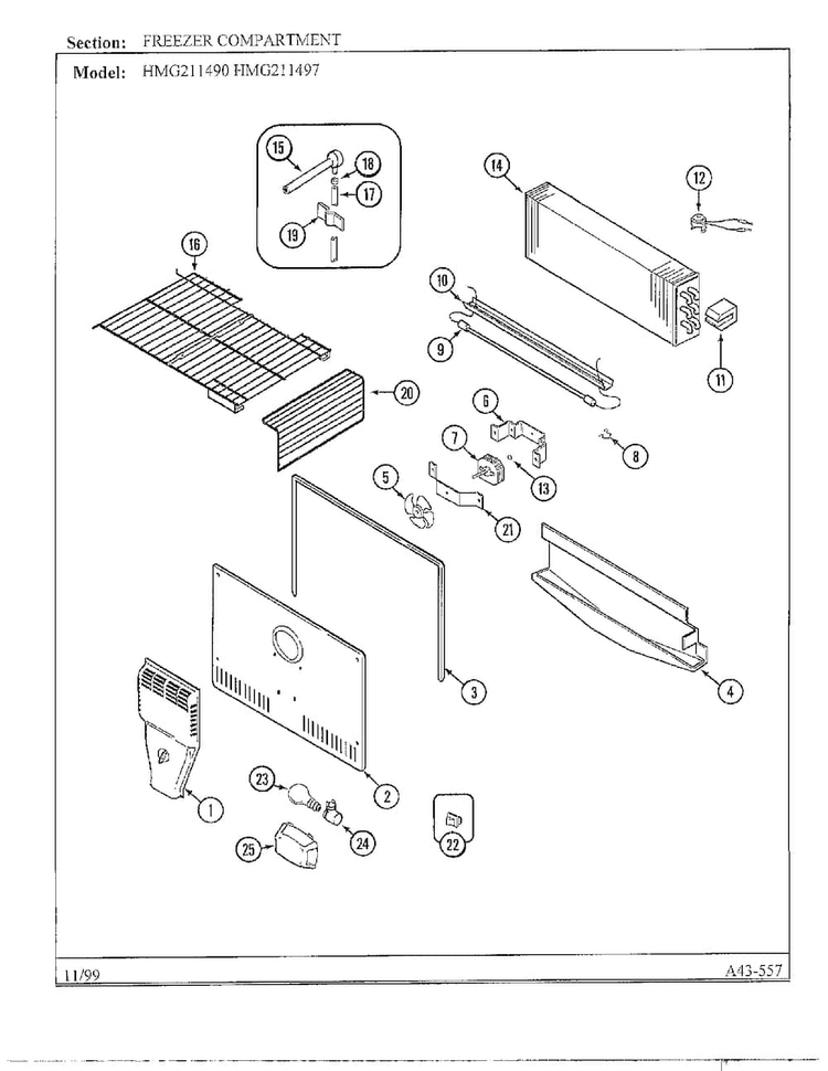Freezer Compartment Diagram and Parts List for HMG211490  Admiral Refrigerator