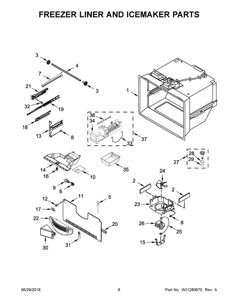 Freezer Liner And Icemaker Parts Diagram and Parts List for MBF2258FEZ02  Maytag Refrigerator
