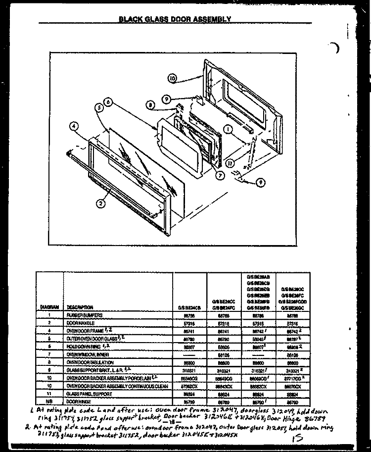 BLACK GLASS DOOR ASSY Diagram and Parts List for SBE26DC  Amana Range