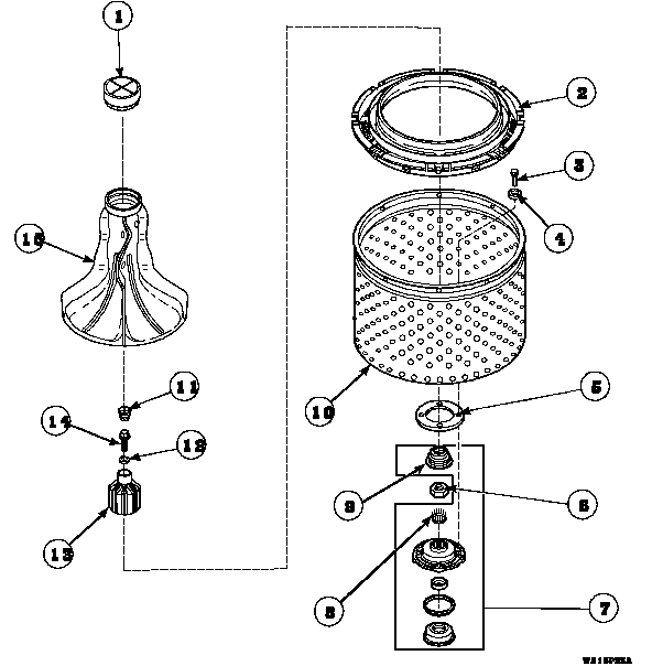 Agitator, Drive Bell, Seal Kit, Washtub And Hub Diagram and Parts List for LW8413W2B PLW8413W2B Amana Washer