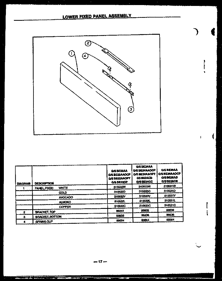 LOWER FIXED PANEL ASSY Diagram and Parts List for SBE24CB  Amana Range