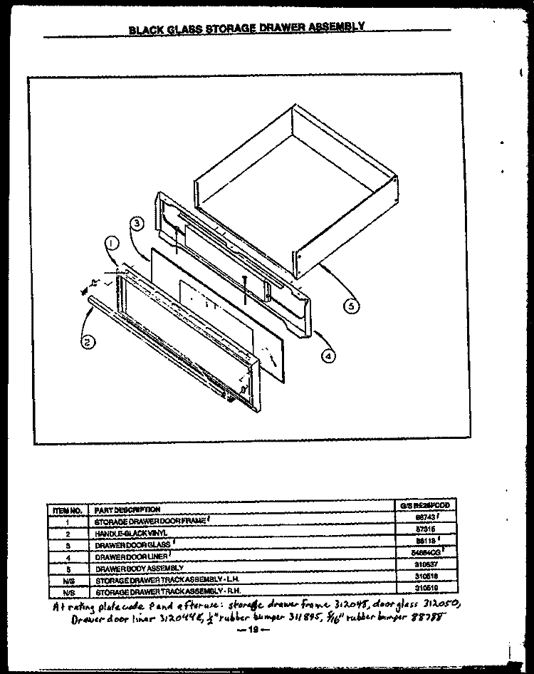 BLACK GLASS STORAGE DRAWER ASSY Diagram and Parts List for GBE26FCOD  Amana Range