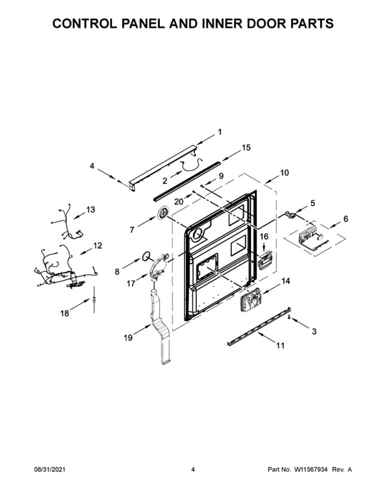 Control Panel And Inner Door Parts Diagram and Parts List for JDPSS244LL1  Maytag Dishwasher