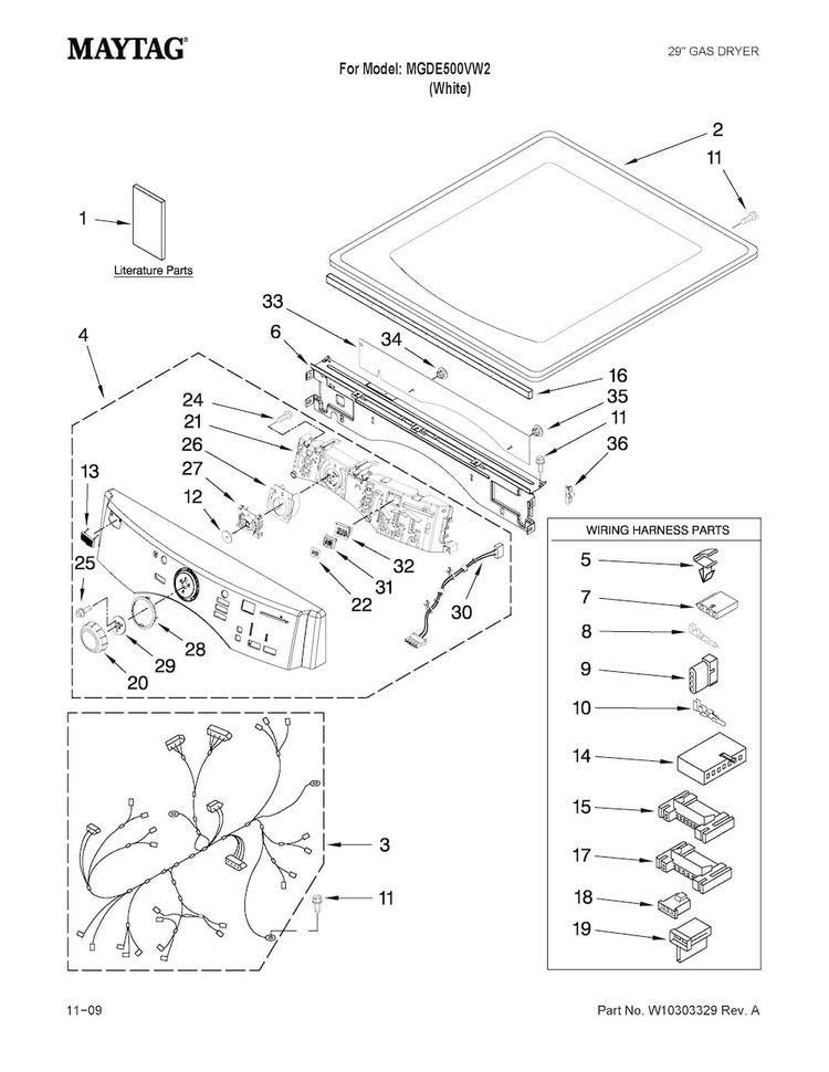 Top And Console Parts Diagram and Parts List for MGDE500VW2  Maytag Dryer