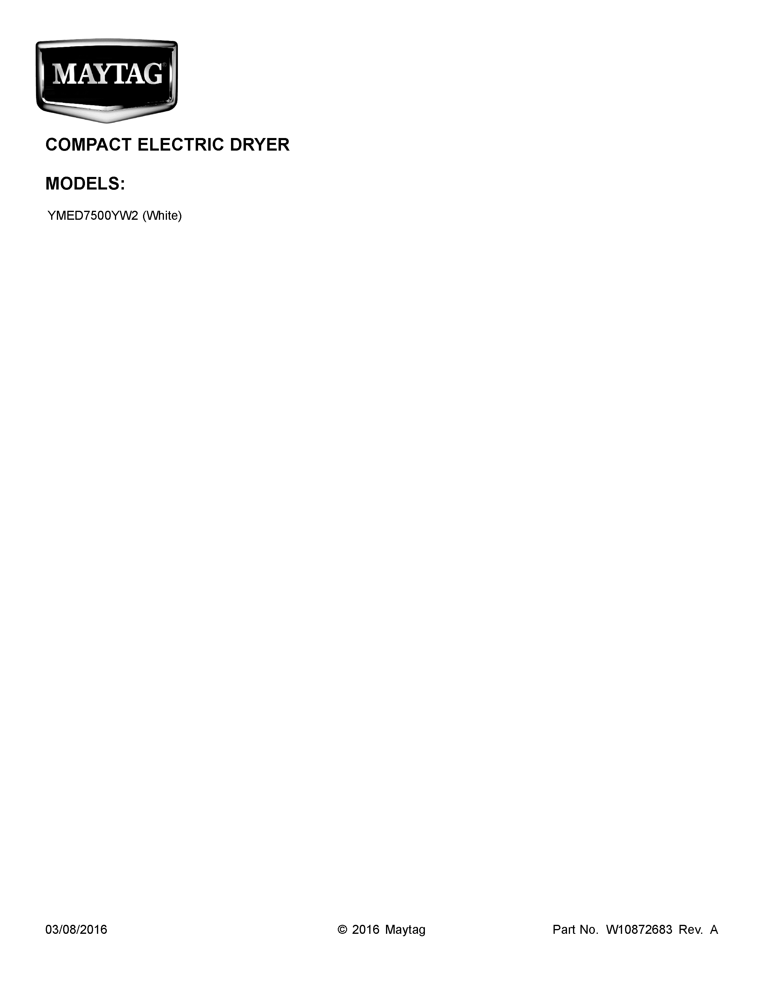 01 - COVER SHEET Diagram and Parts List for YMED7500YW2  Maytag Dryer