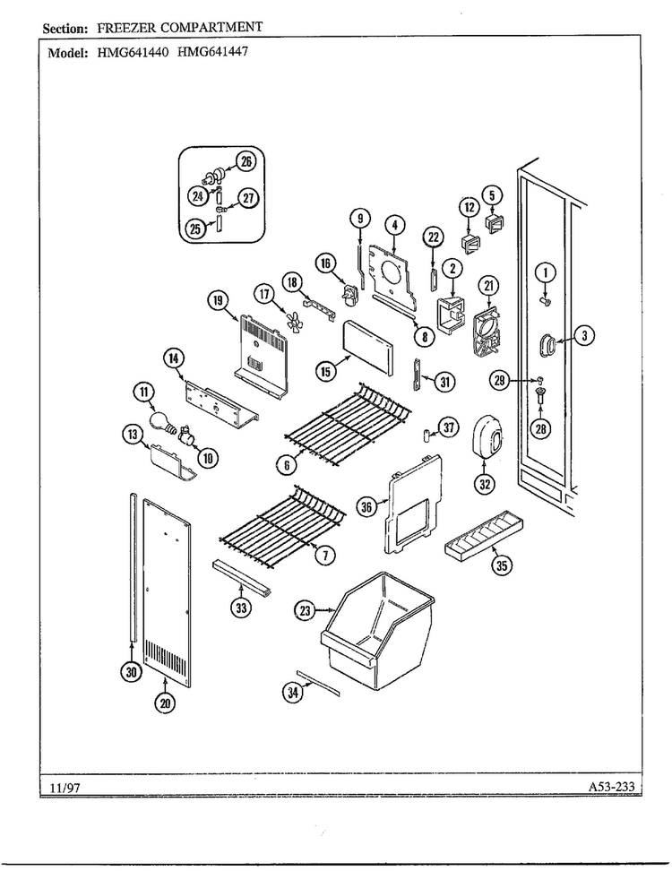 Freezer Compartment Diagram and Parts List for 641440  Admiral Refrigerator