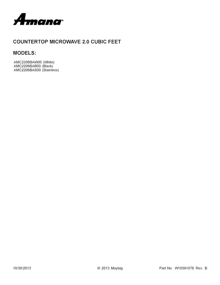 Cover Sheet Diagram and Parts List for AMC2206BAB00  Amana Microwave