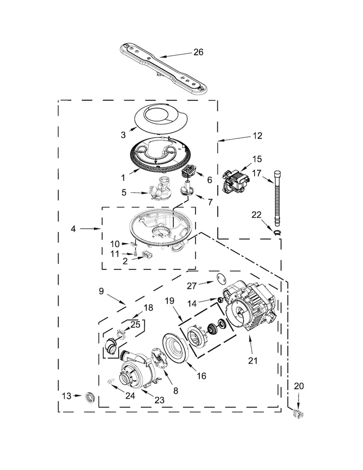 Pump, Washarm And Motor Parts Diagram and Parts List for MDB4949SDH2  Maytag Dishwasher