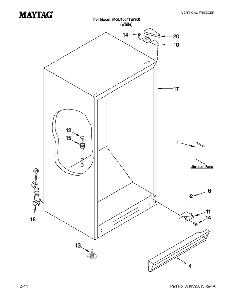 Cabinet Parts Diagram and Parts List for MQU1554TEW00  Maytag Freezer