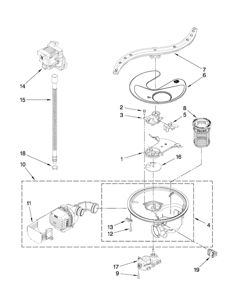 Pump, Washarm And Motor Parts Diagram and Parts List for JDB3200AWB5  Jenn-Air Dishwasher