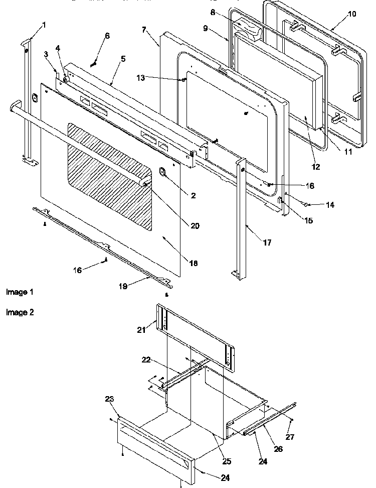 Oven Door And Storage Drawer Diagram and Parts List for CARTC7500E-P1143467NE  Amana Range