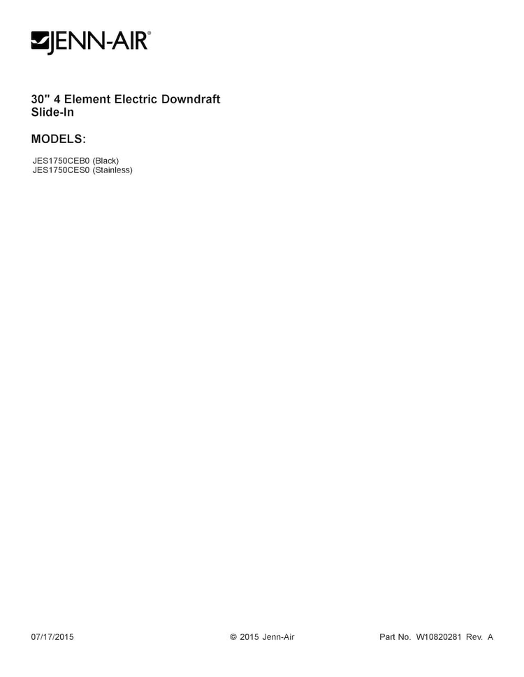 Cover Sheet Diagram and Parts List for JES1750CEB0  Jenn-Air Range