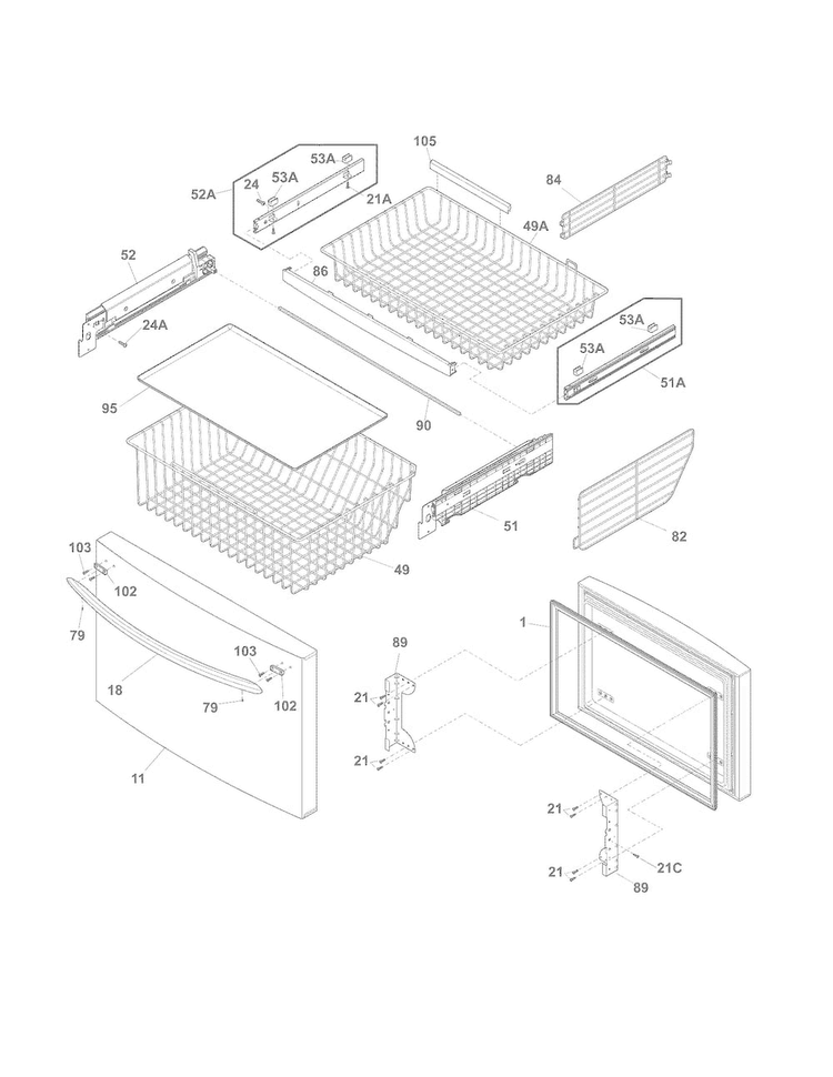 Freezer Drawer, Baskets Diagram and Parts List for CFD28WIBB  Crosley Refrigerator