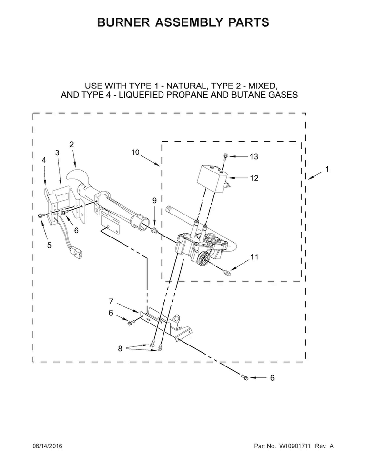 Burner Assembly Parts Diagram and Parts List for 7MMGDX655EW1  Maytag Dryer