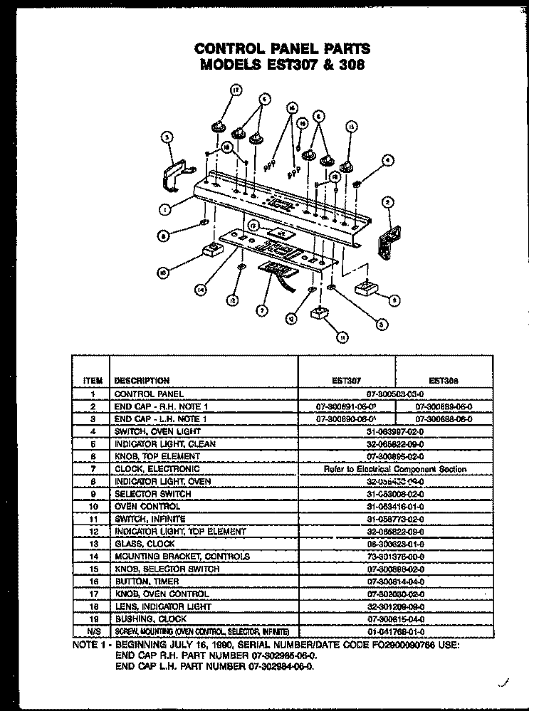 CONTROL PANEL PARTS Diagram and Parts List for EST307  Caloric Range