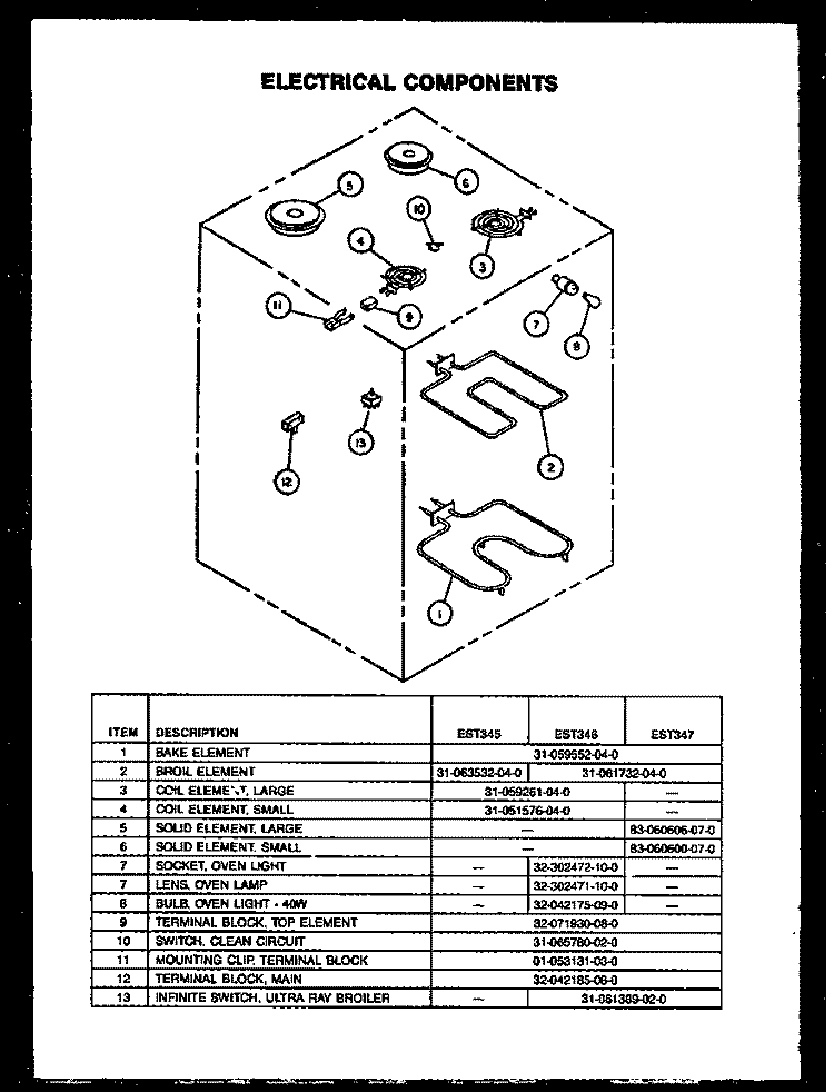 ELECTRICAL COMPONENTS Diagram and Parts List for EST347  Caloric Range
