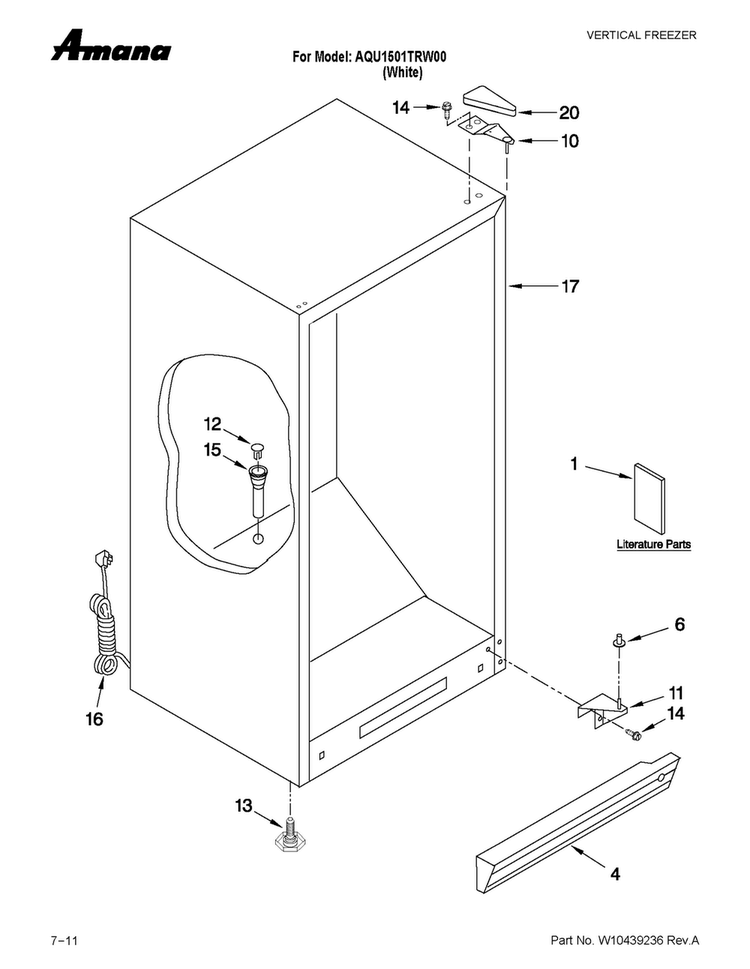 Cabinet Parts Diagram and Parts List for AQU1501TRW00  Amana Freezer