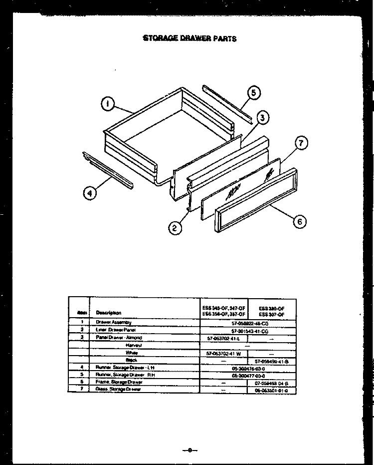 STORAGE DRAWER PARTS Diagram and Parts List for ESS307-OF ESS3070OF Caloric Cooktop