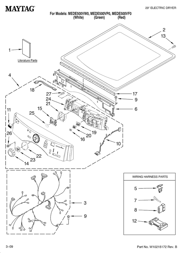 Top And Console Parts Diagram and Parts List for MEDE500VF0  Maytag Dryer