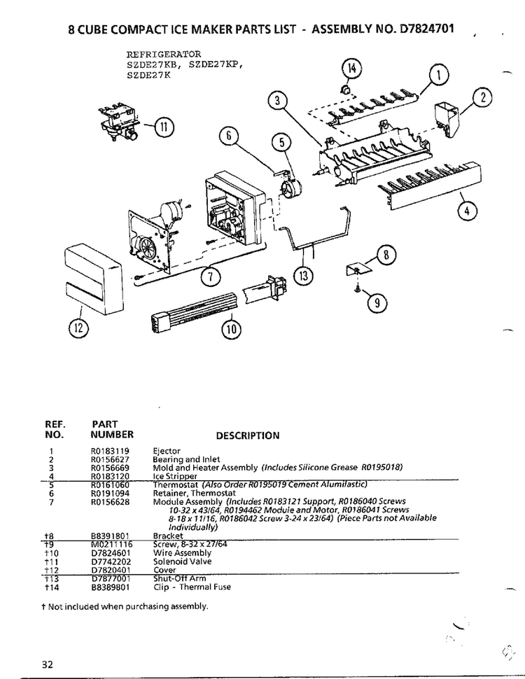 8 Cube Compact Ice Maker Diagram and Parts List for SZDE27KB  Amana Refrigerator
