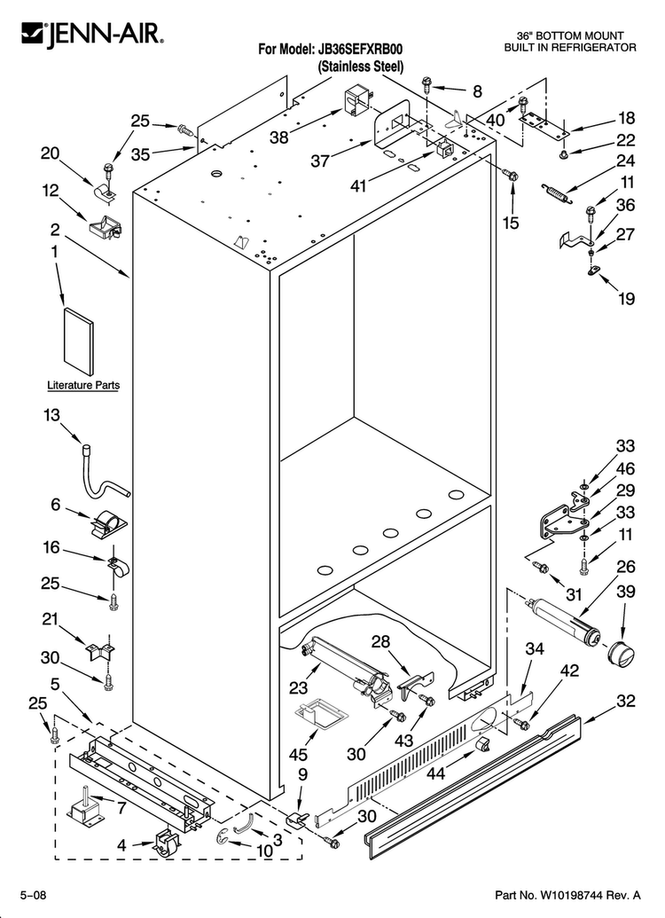 Cabinet Parts Diagram and Parts List for JB36SEFXRB00  Jenn-Air Refrigerator