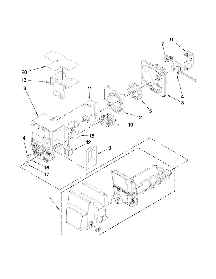 Motor And Ice Container Parts Diagram and Parts List for MFX2571XEM2  Maytag Refrigerator